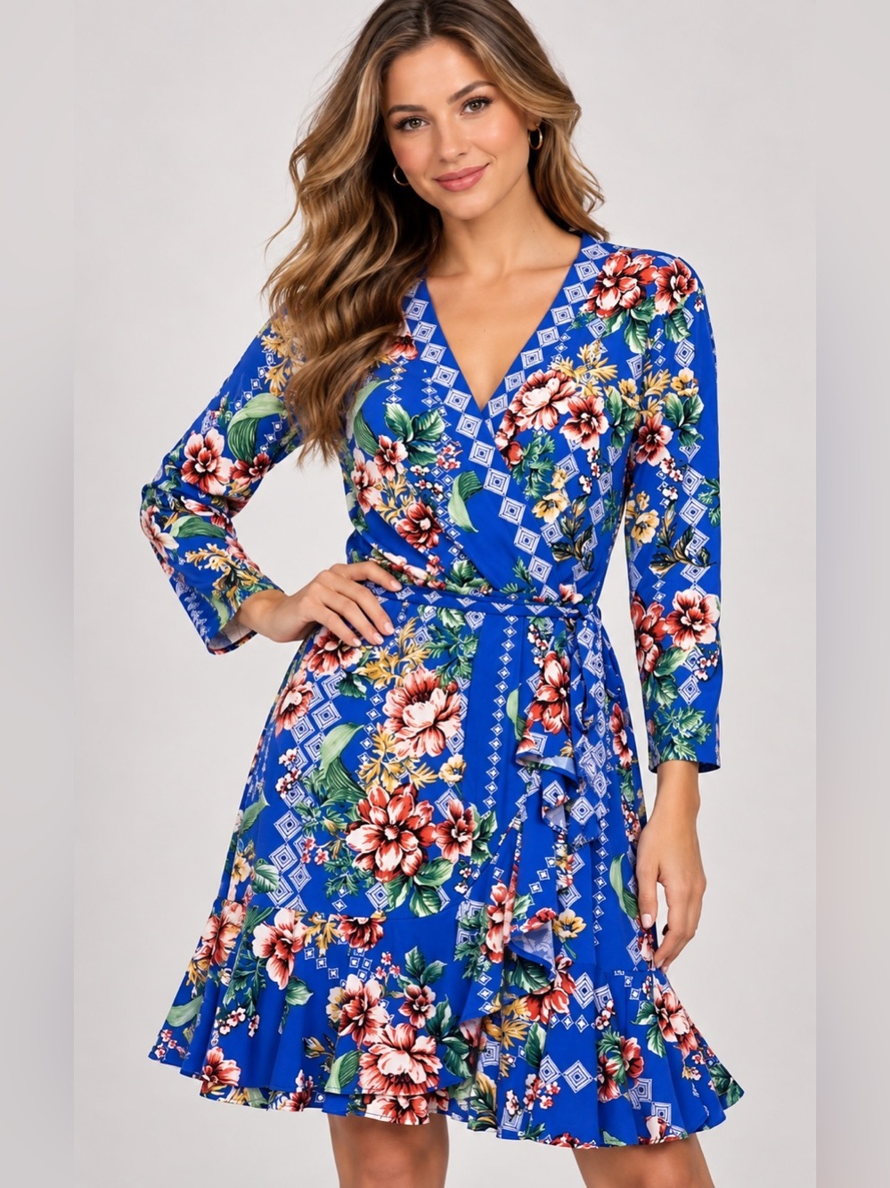 Eci New York Dress Womens Blue Midi Floral Wrap Floral Ladies size L